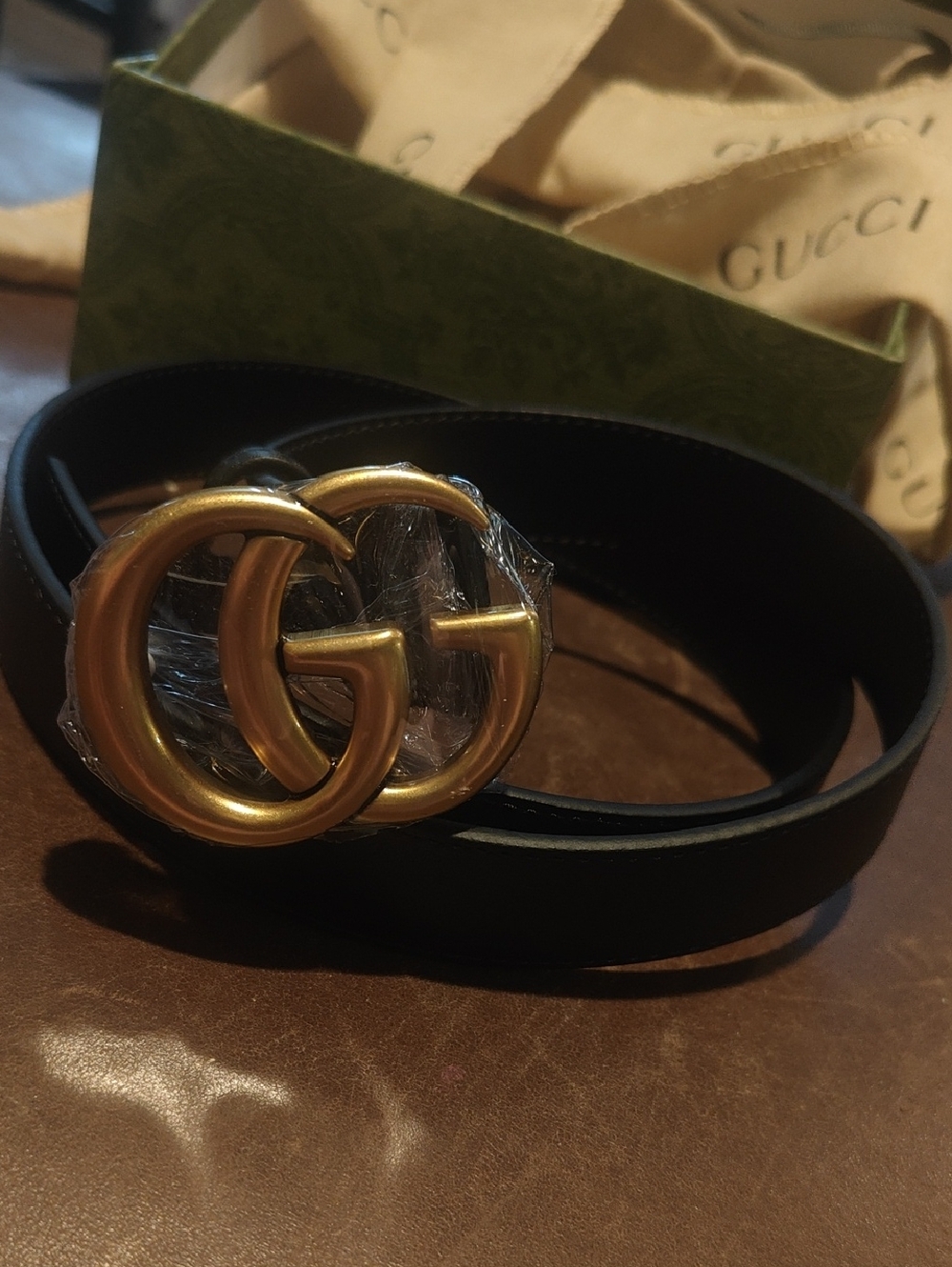 Black Leather Belt with Gold Double G Buckle Fashion Rep